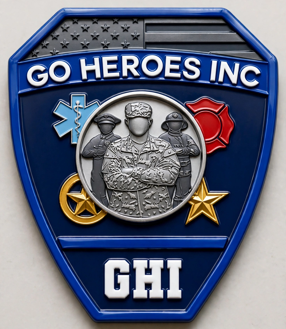 Go Heroes Inc shield emblem — 3D badge render